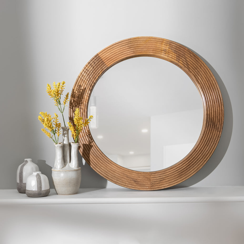 Small Beaded Carved Round Wall Mirror in Gold