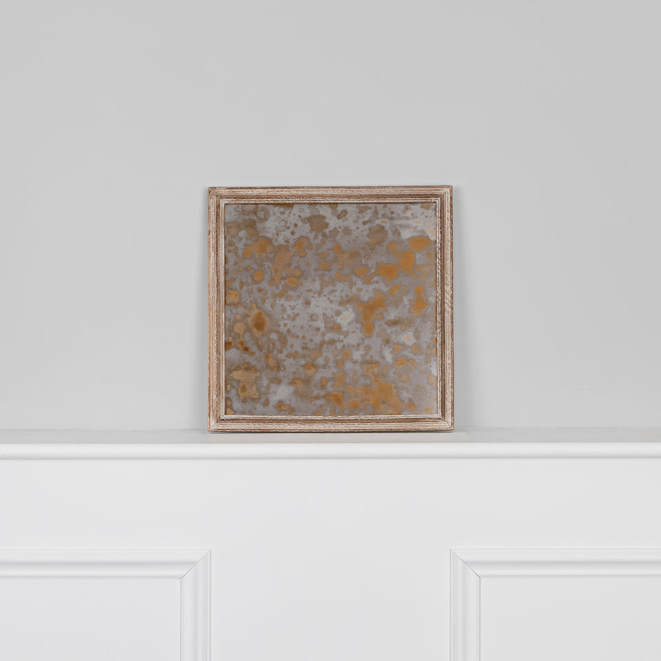 Antiqued Glass Square Wall Mirror in White Brushed Wood