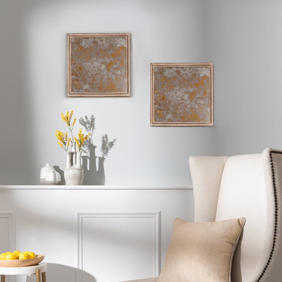 Antiqued Glass Square Wall Mirror in White Brushed Wood