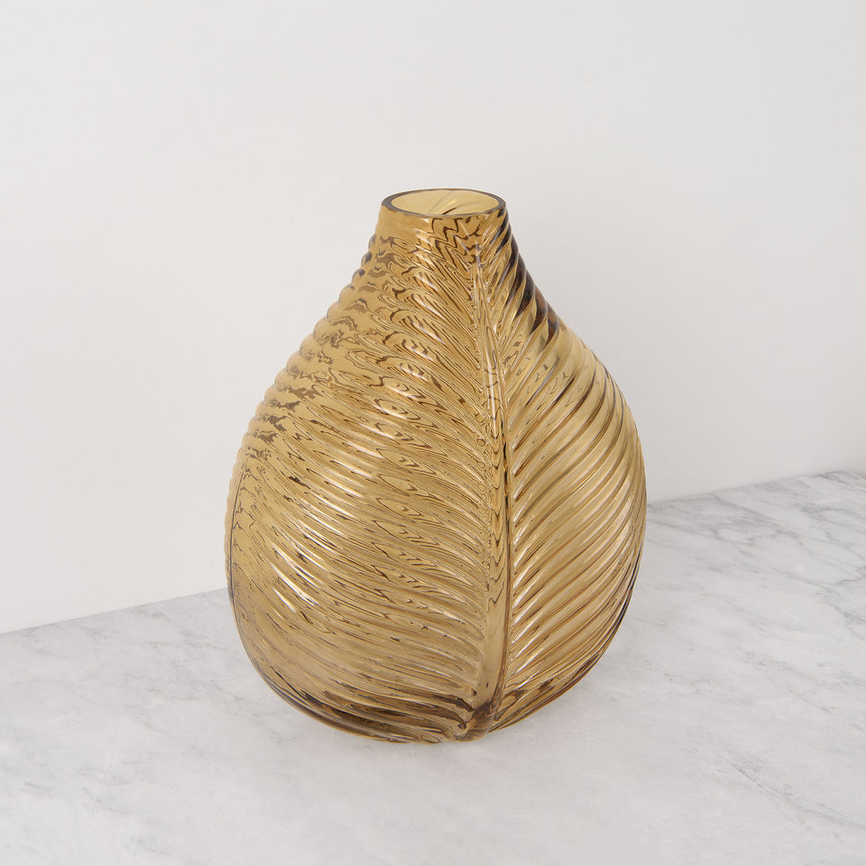 Amber Embossed Glass Vase with Leaf Pattern