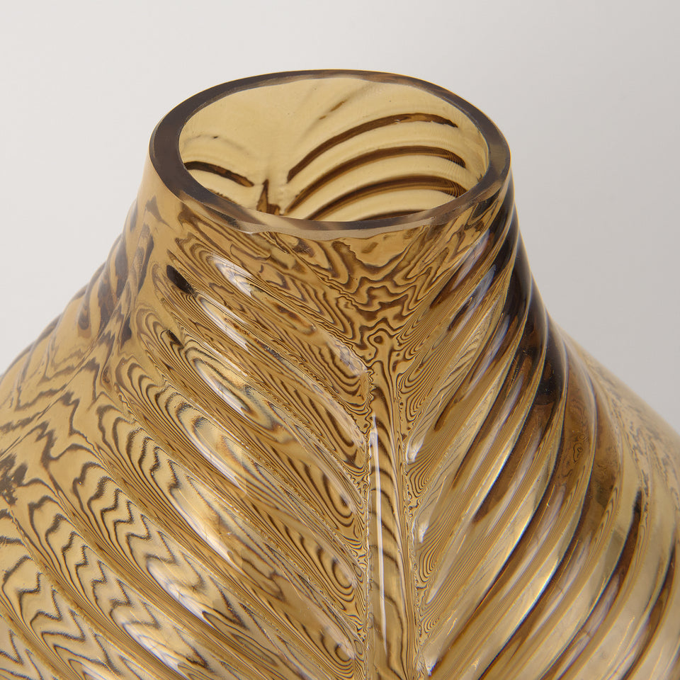 Amber Embossed Glass Vase with Leaf Pattern