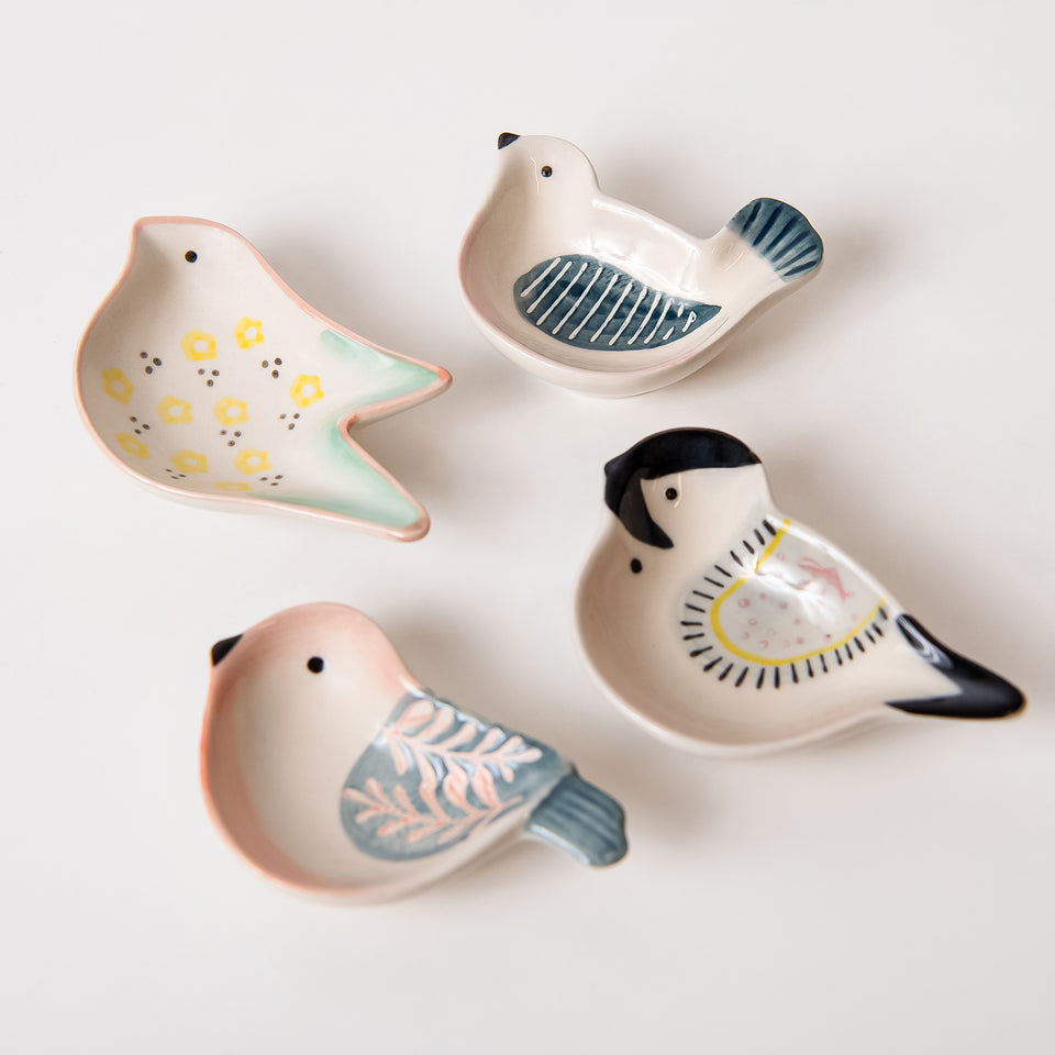 Hand-Painted Stoneware Bird Shaped Dish Set