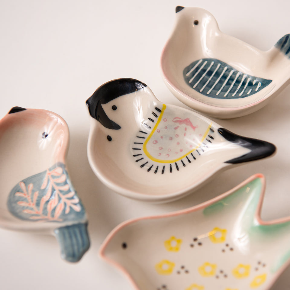 Hand-Painted Stoneware Bird Shaped Dish Set