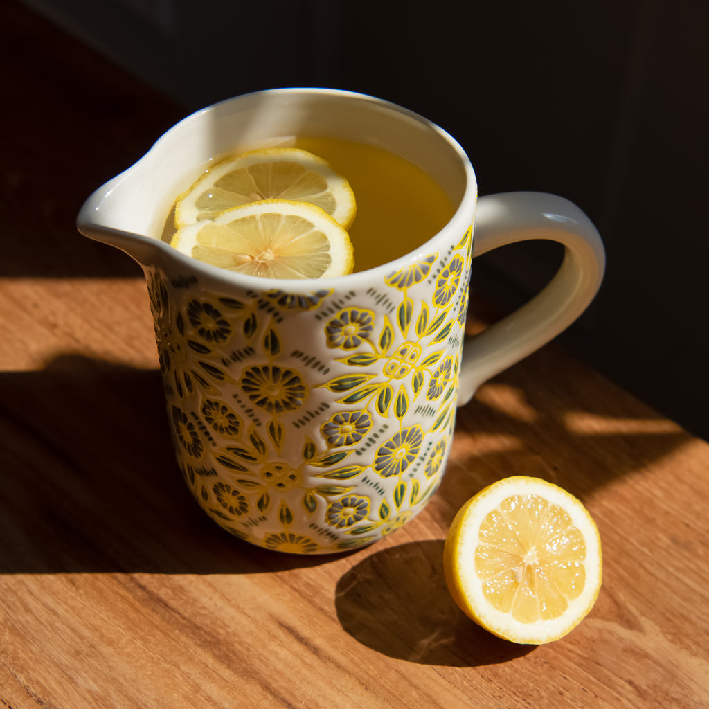 Stoneware Pitcher w/ Wax Relief Grid Pattern