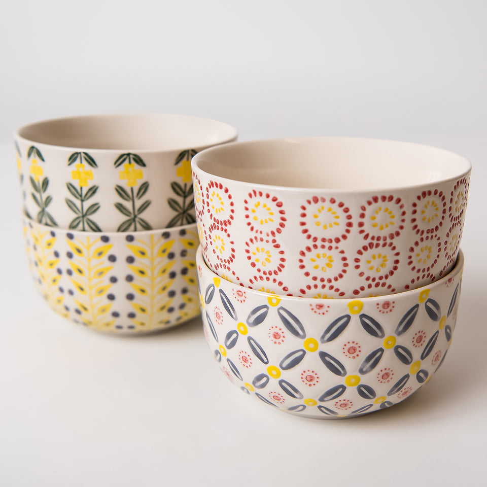 Hand-Stamped Stoneware Bowl Set