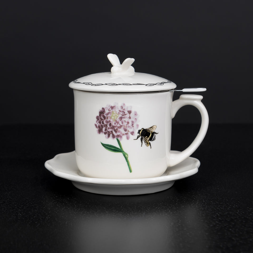 Bee Mug Set with Saucer, Lid, and Strainer