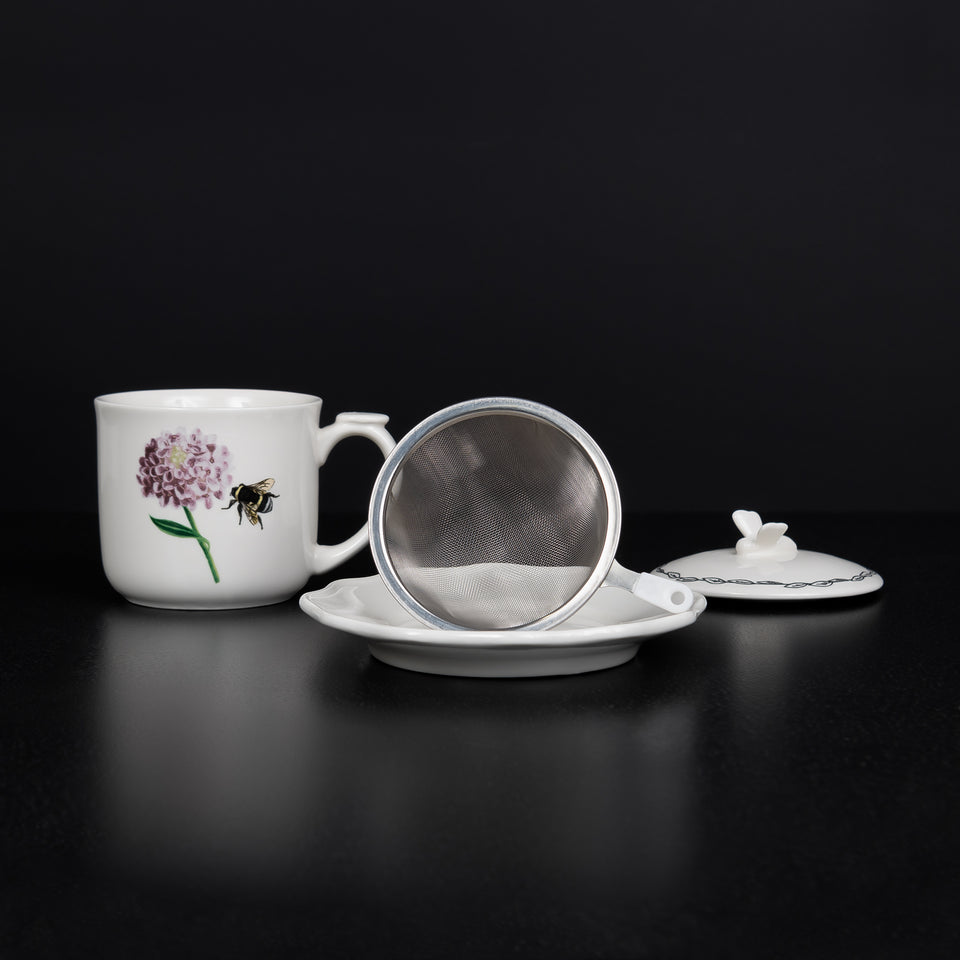 Bee Mug Set with Saucer, Lid, and Strainer