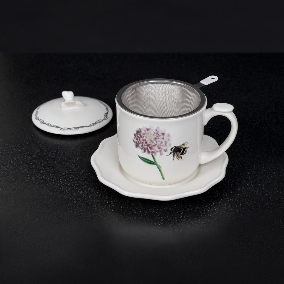 Bee Mug Set with Saucer, Lid, and Strainer