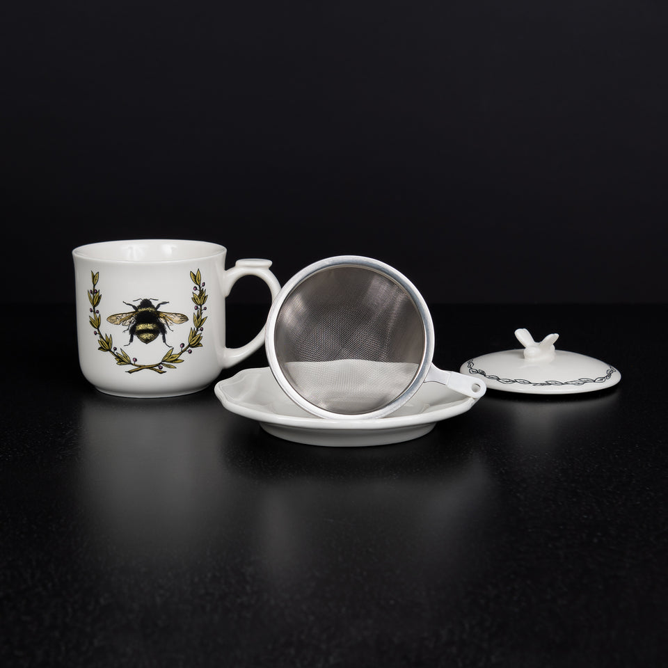 Bee Mug Set with Saucer, Lid, and Strainer
