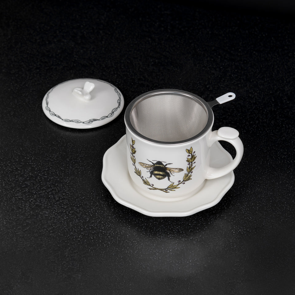 Bee Mug Set with Saucer, Lid, and Strainer