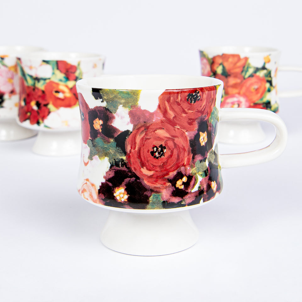 Stoneware Footed Mugs with Floral Designs