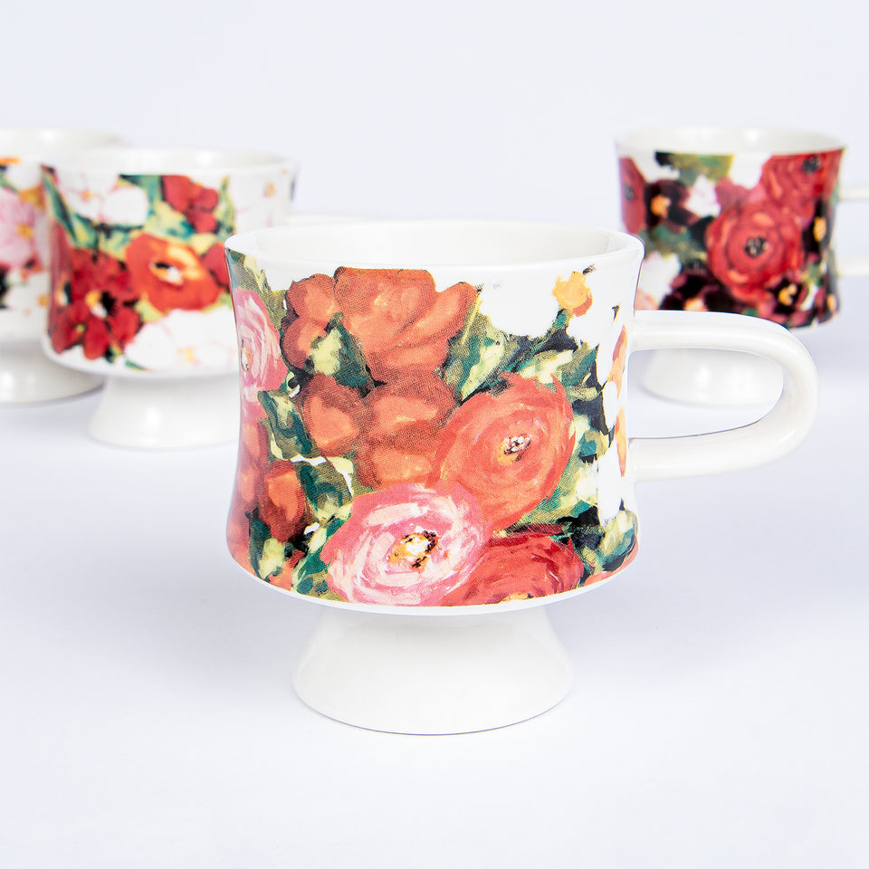 Stoneware Footed Mugs with Floral Designs