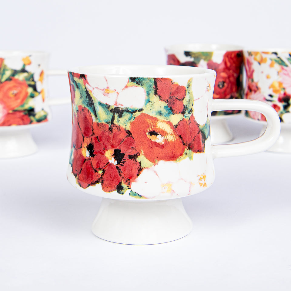 Stoneware Footed Mugs with Floral Designs