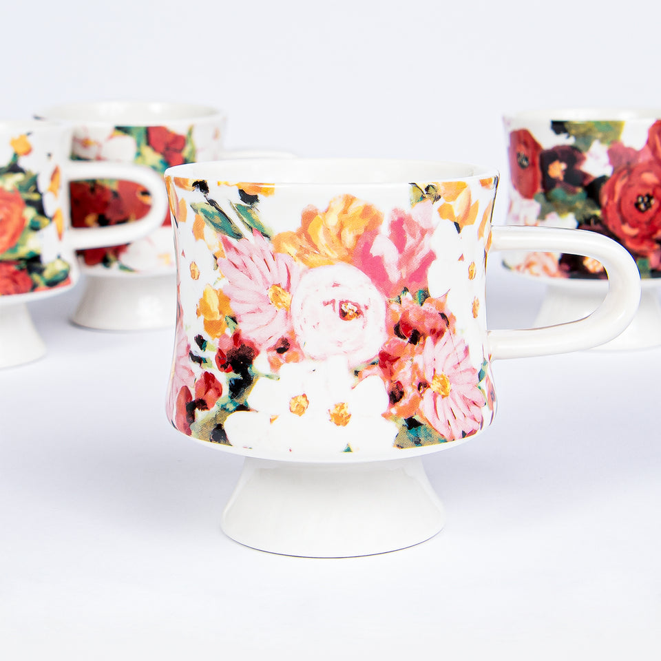 Stoneware Footed Mugs with Floral Designs