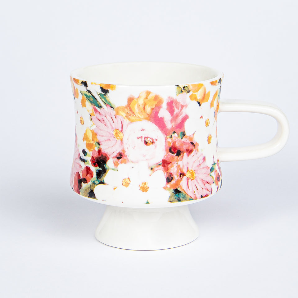 Stoneware Footed Mugs with Floral Designs