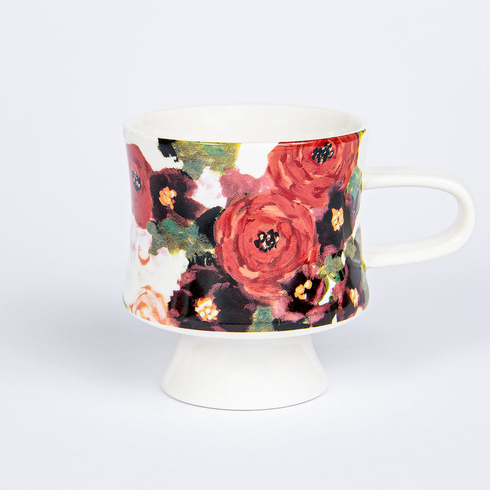 Stoneware Footed Mugs with Floral Designs