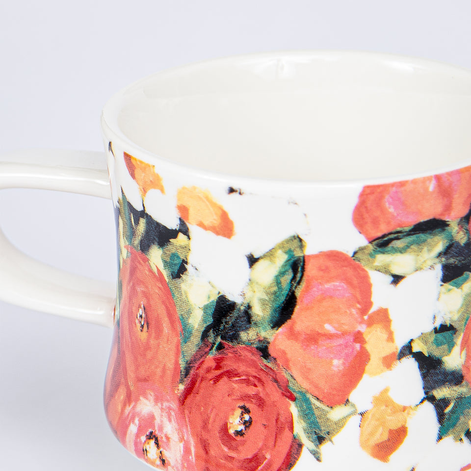 Stoneware Footed Mugs with Floral Designs