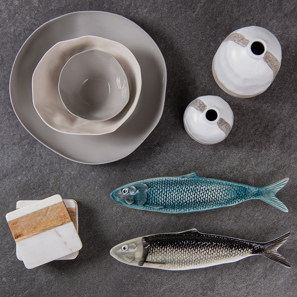 Hand-Painted Ceramic Sardine Shaped Plate Pair