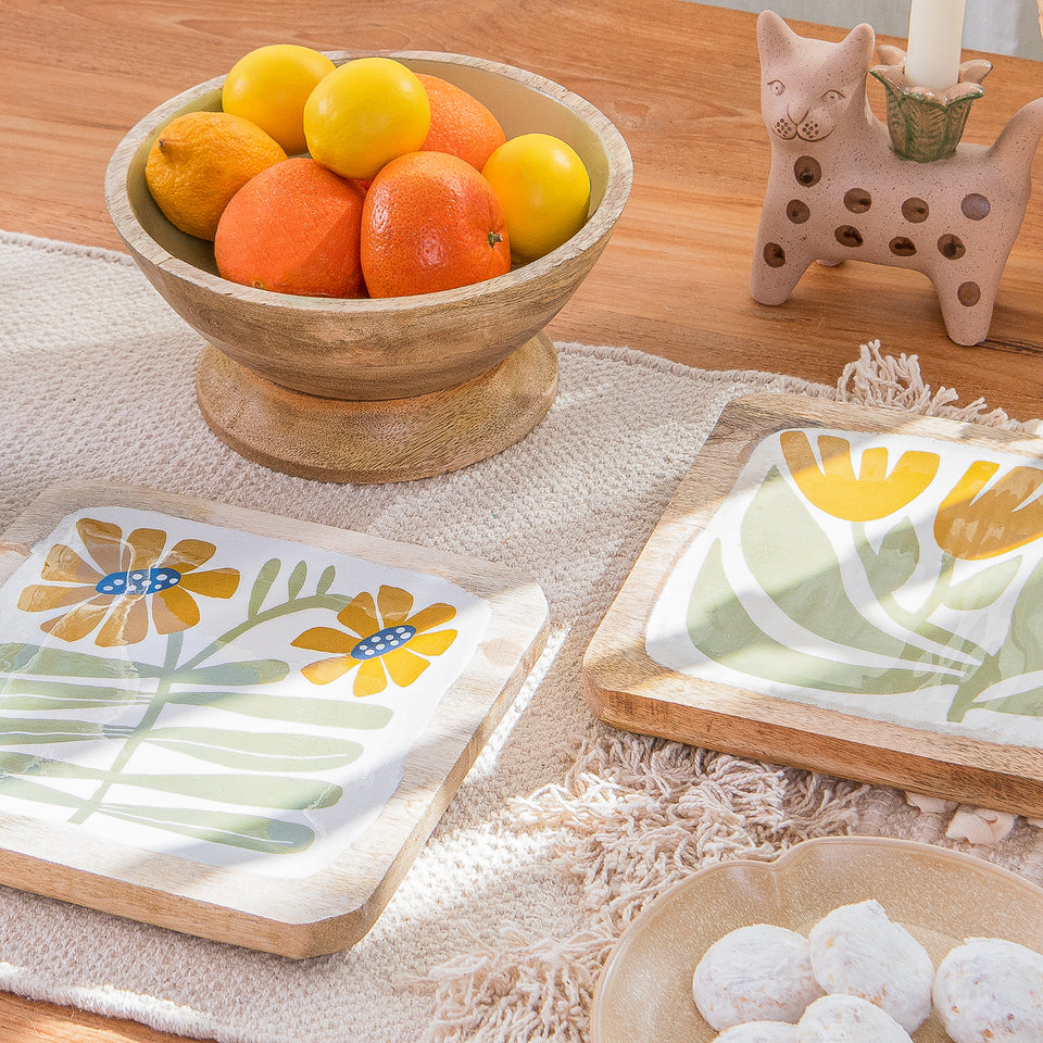 Floral Enameled Mango Wood Plate