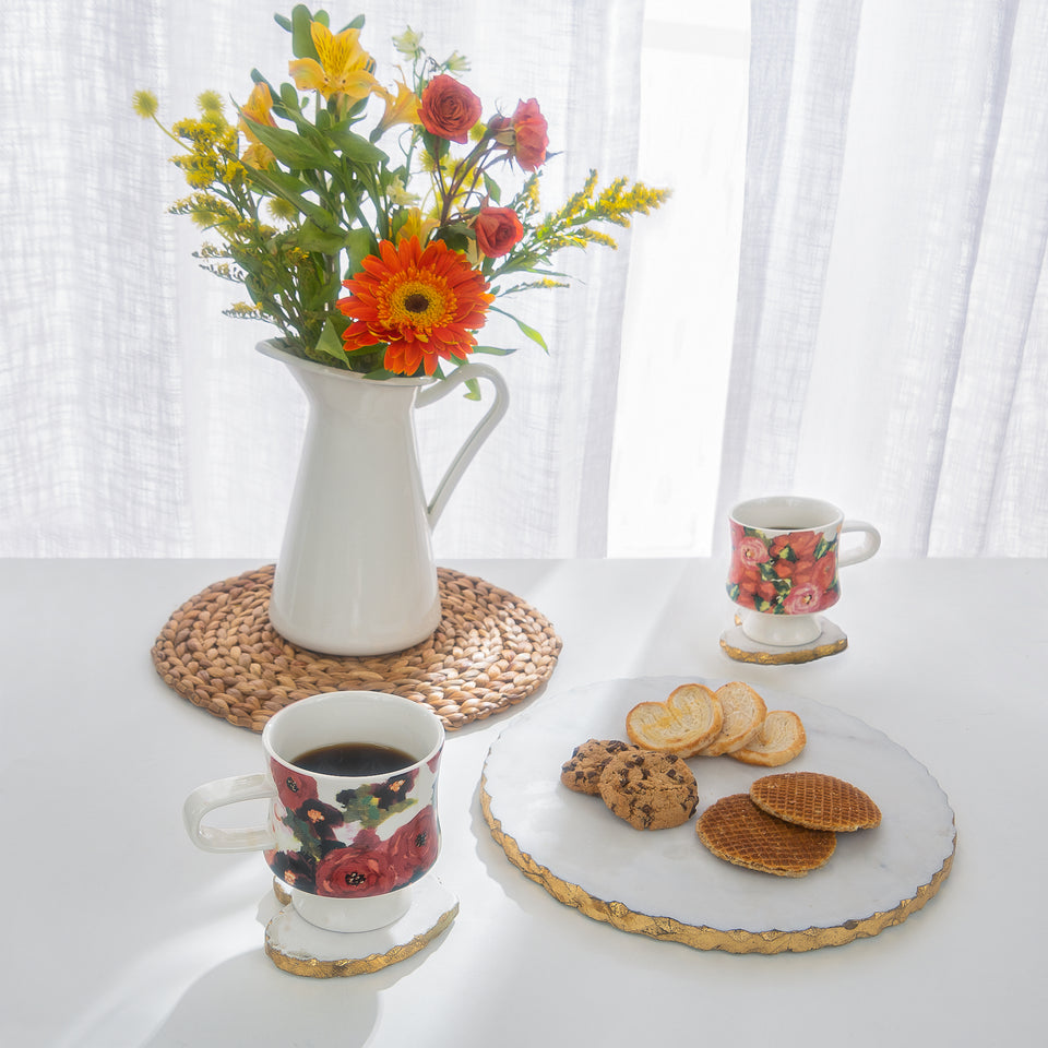 Stoneware Footed Mugs with Floral Designs