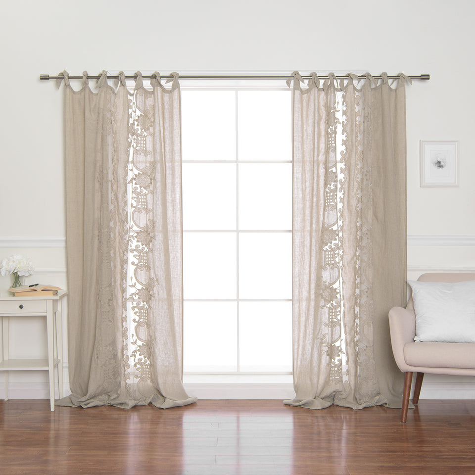 Romantic Tie Top Embroidered Linen Curtains