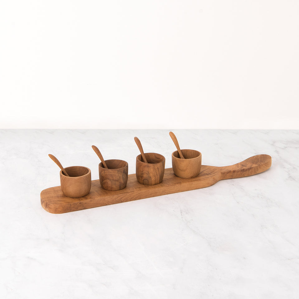 Teak Condiment Bowl, Spoon, and Serving Tray Set