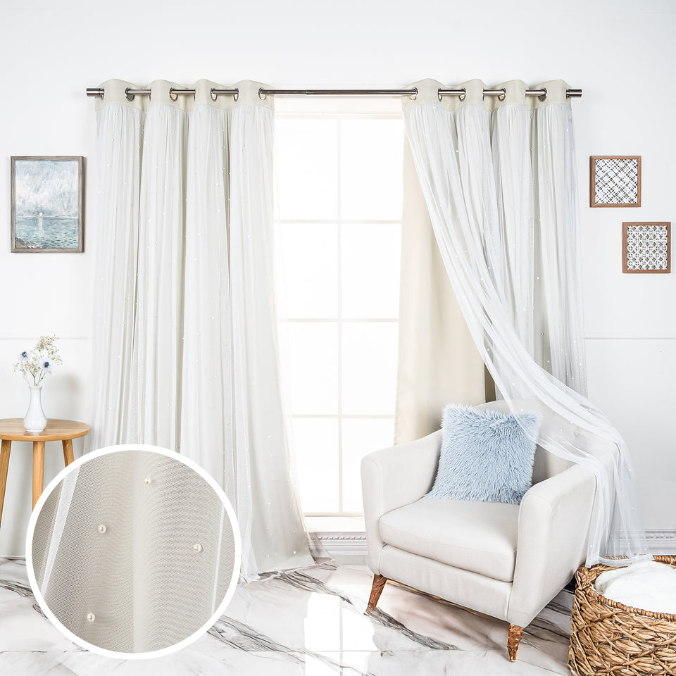 Pearl Tulle Overlay Curtains Set