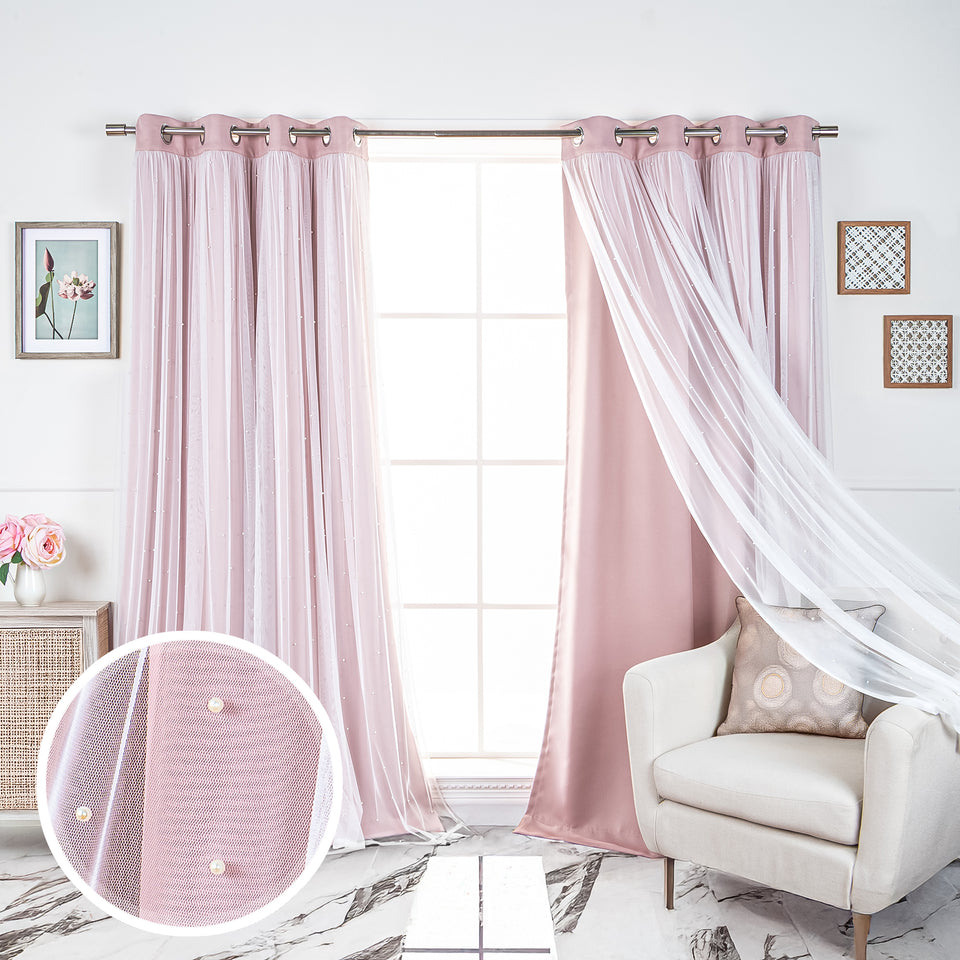 Pearl Tulle Overlay Curtains Set