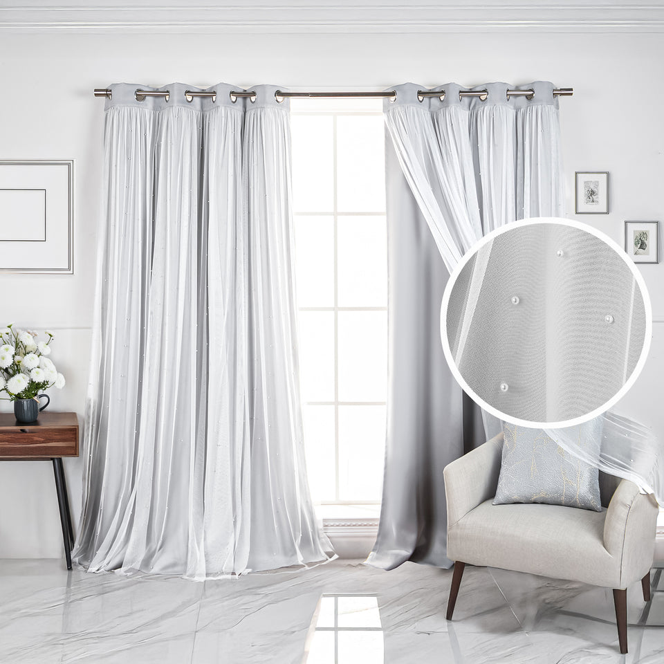 Pearl Tulle Overlay Curtains Set