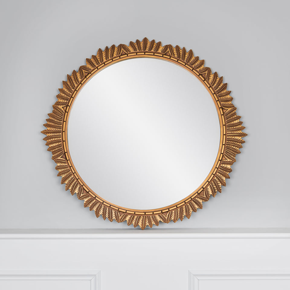 Antique Gold Feather Carved Round Wall Mirror