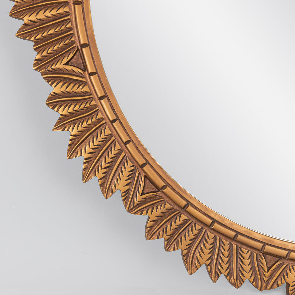Antique Gold Feather Carved Round Wall Mirror