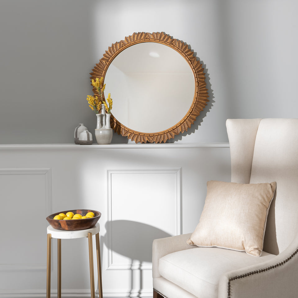 Antique Gold Feather Carved Round Wall Mirror