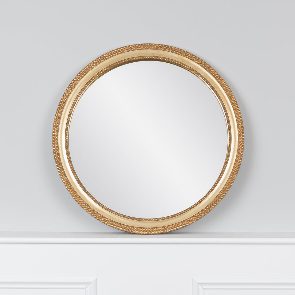 Small Beaded Carved Round Wall Mirror in Gold