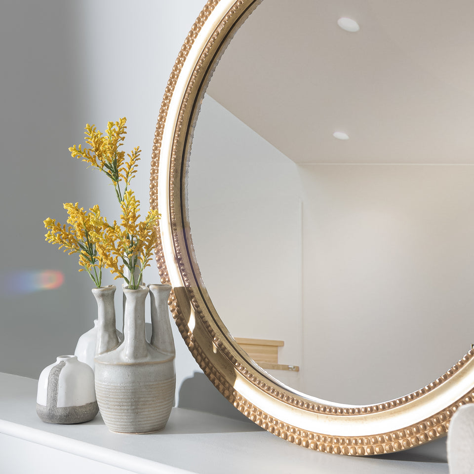 Small Beaded Carved Round Wall Mirror in Gold – BHFhome