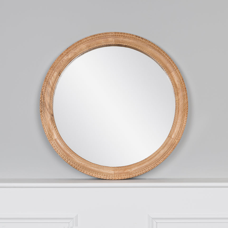 Small Beaded Carved Round Wall Mirror in Natural