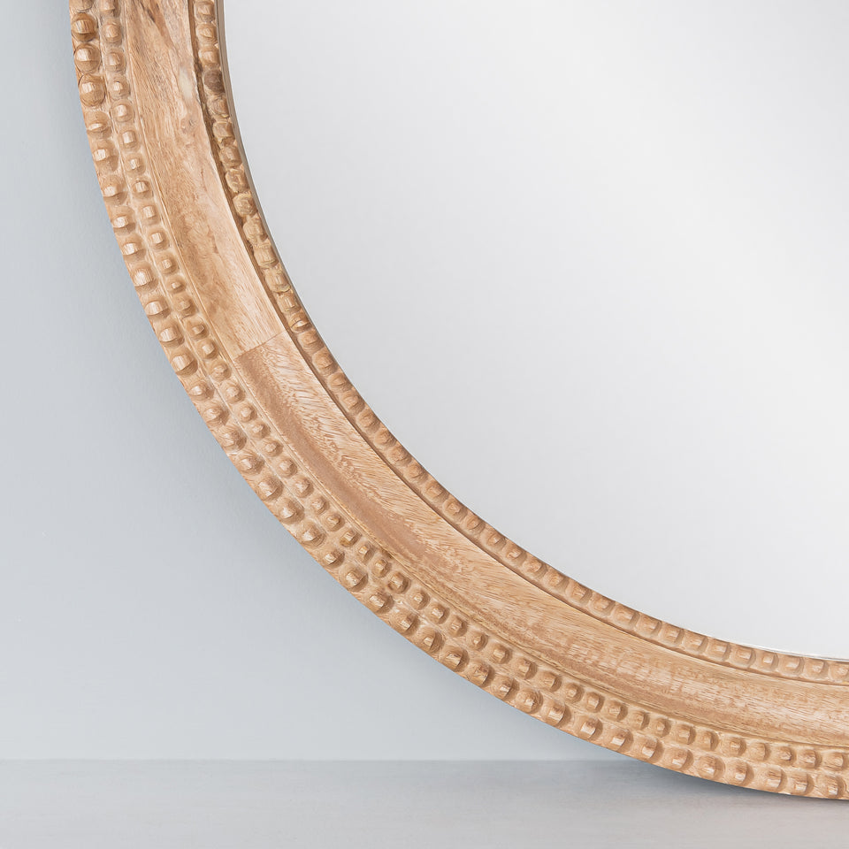 Small Beaded Carved Round Wall Mirror in Natural
