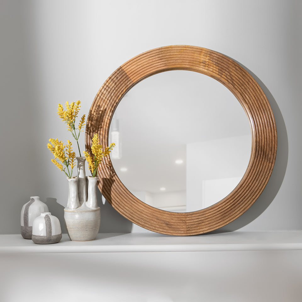 Modern Line Carved Round Wall Mirror