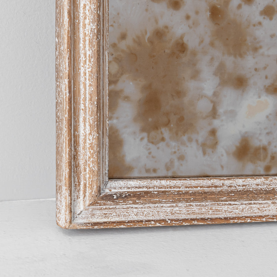 Antiqued Glass Square Wall Mirror in White Brushed Wood