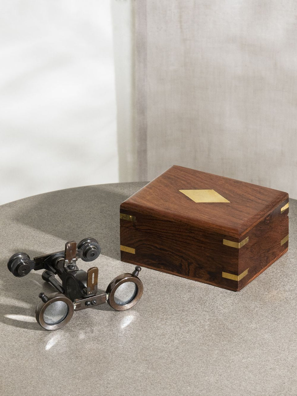 Wooden Box with Binoculars and Compass