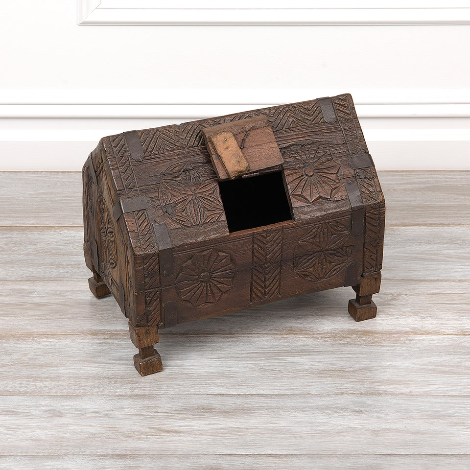 Vintage Carved Wooden Hut Chest