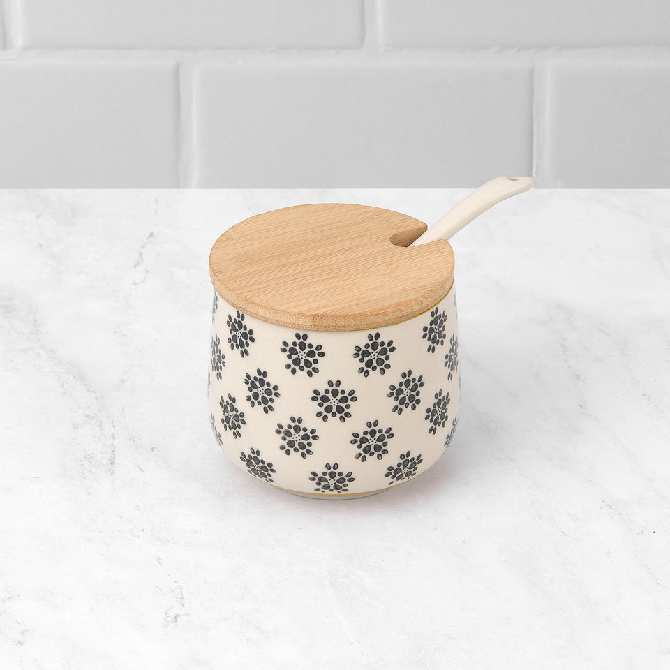 Hand Stamped Stoneware Jar with Bamboo Lid & Spoon