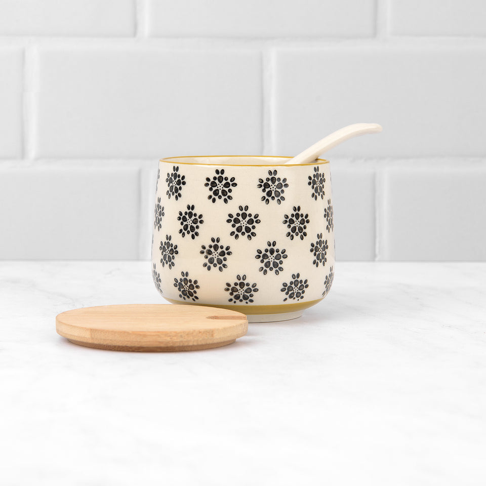 Hand Stamped Stoneware Jar with Bamboo Lid & Spoon