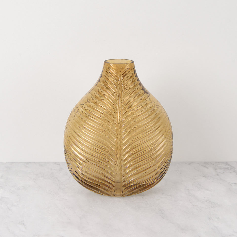 Amber Embossed Glass Vase with Leaf Pattern
