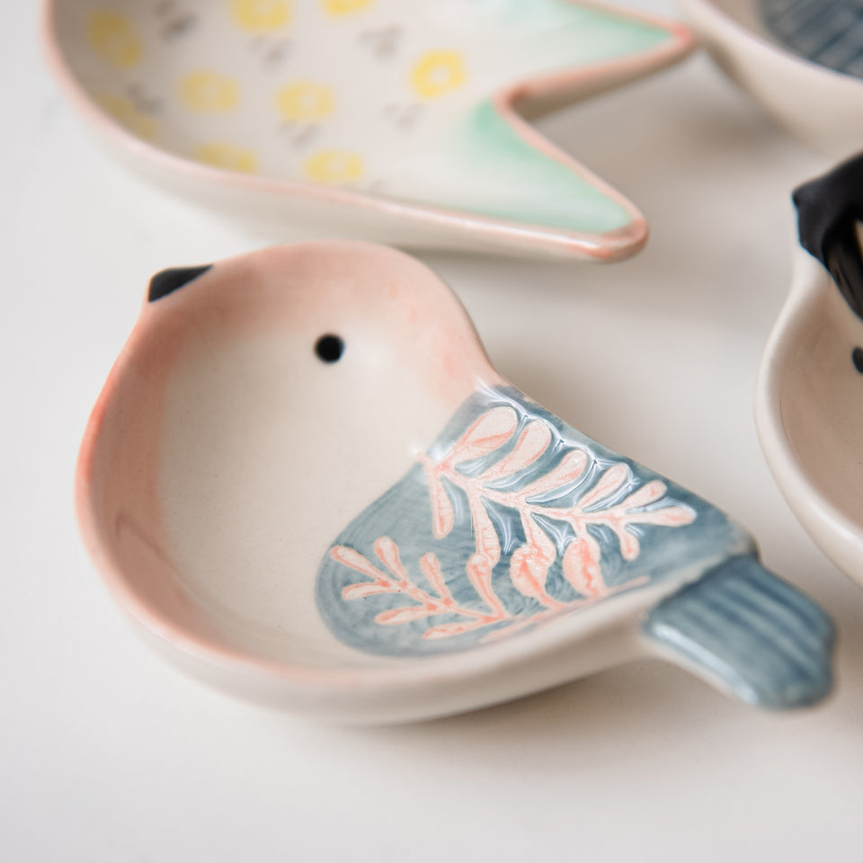 Hand-Painted Stoneware Bird Shaped Dish Set