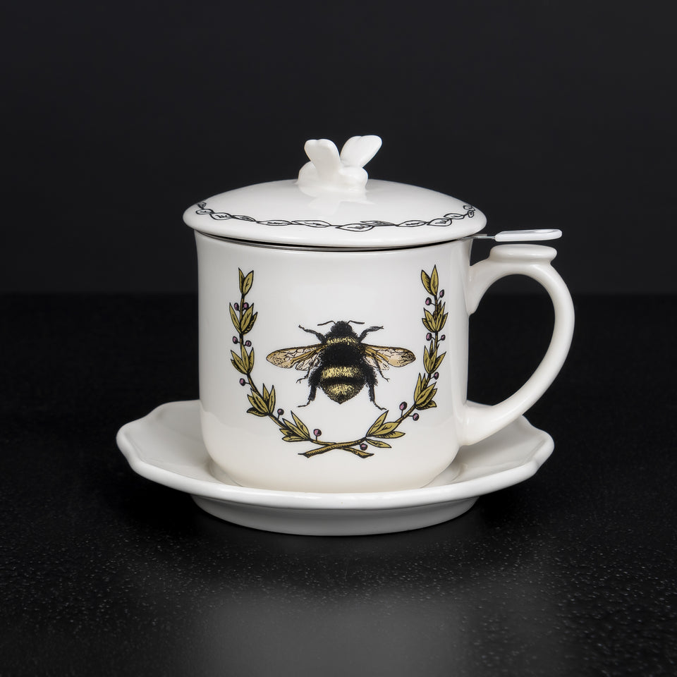 Bee Mug Set with Saucer, Lid, and Strainer