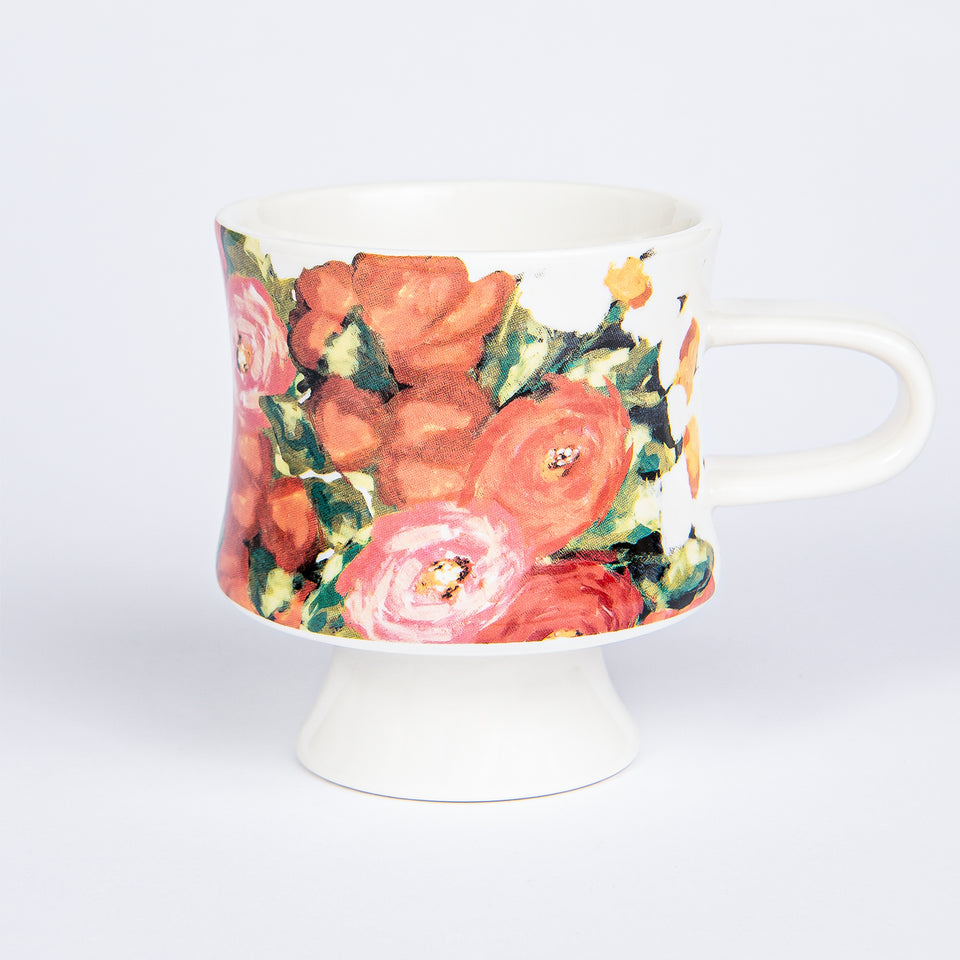 Stoneware Footed Mugs with Floral Designs