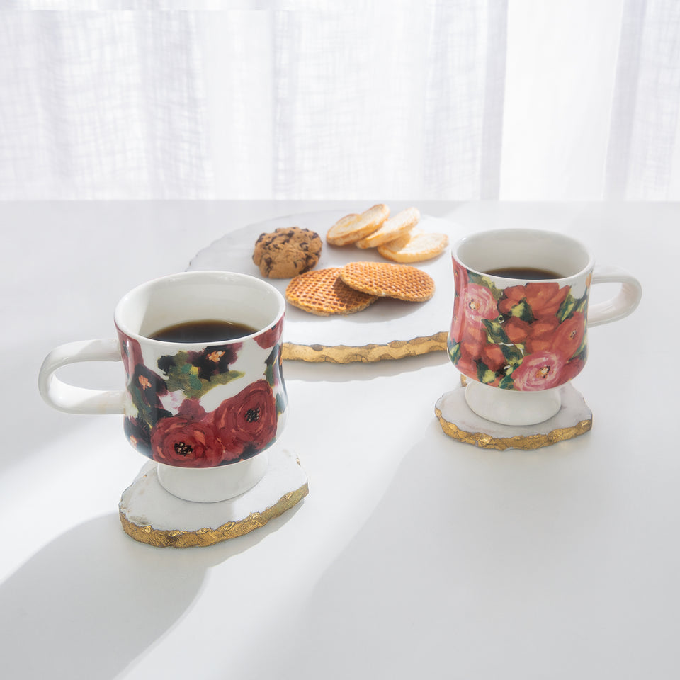 Stoneware Footed Mugs with Floral Designs