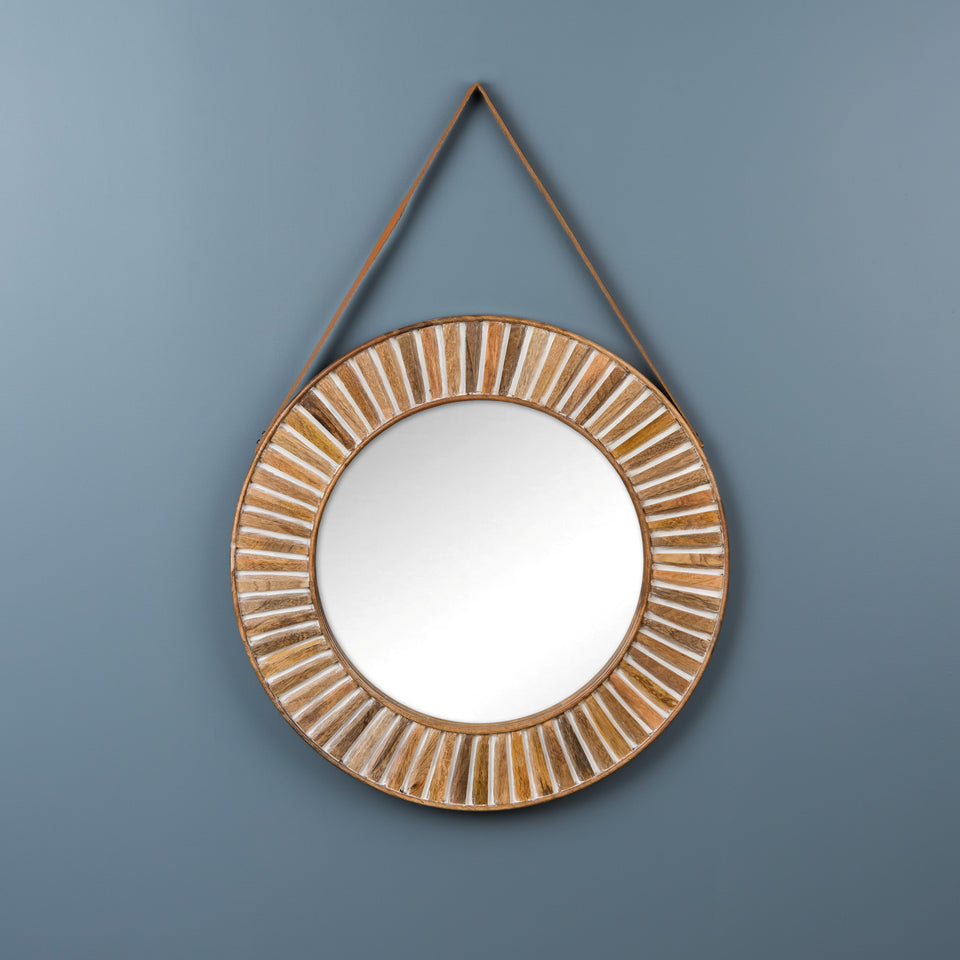 Rustic Round Wooden Mirror with Leather Strap