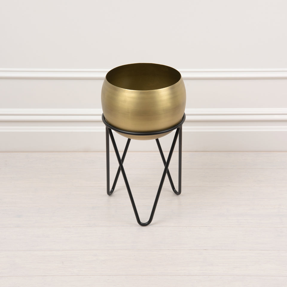 Round Brushed Metal Planter with Stand