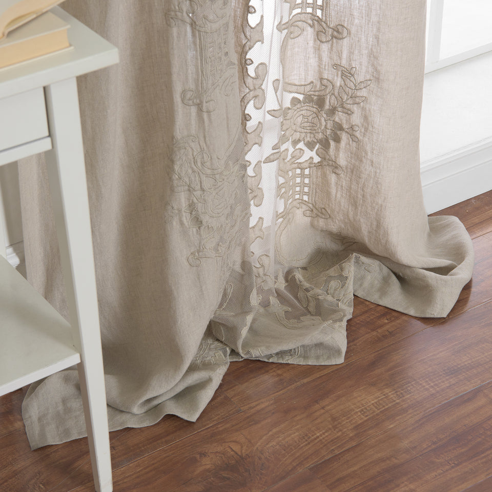 Romantic Tie Top Embroidered Linen Curtains